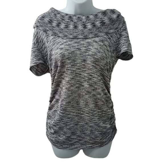 Apt 9  Metallic Ruche Short Sleeve Mottled Grey & White Cowl Neck Top Si… - Picture 2 of 6